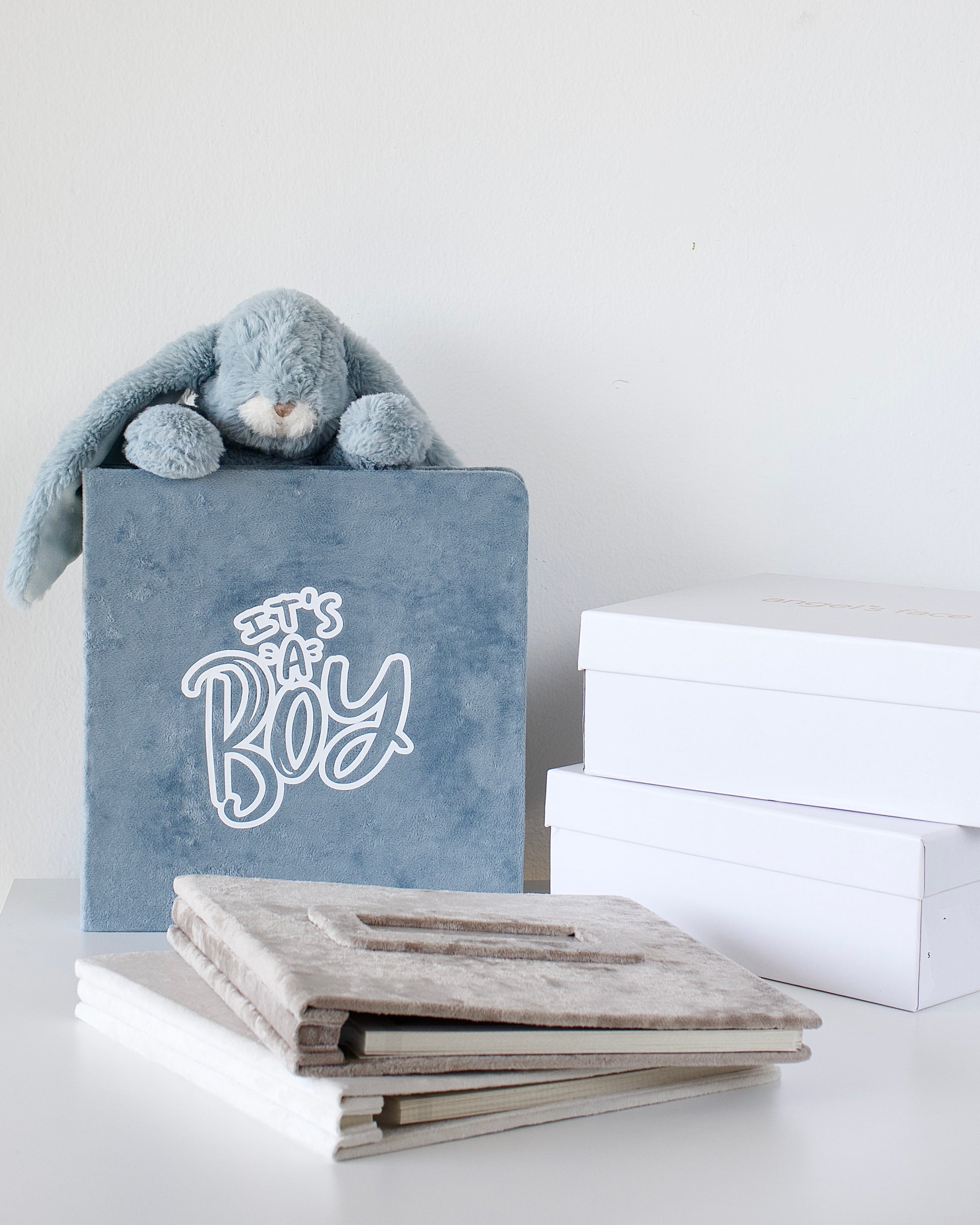 Blue box with 'It's a Boy' text, gray plush toy, and wooden photo album on a white background
